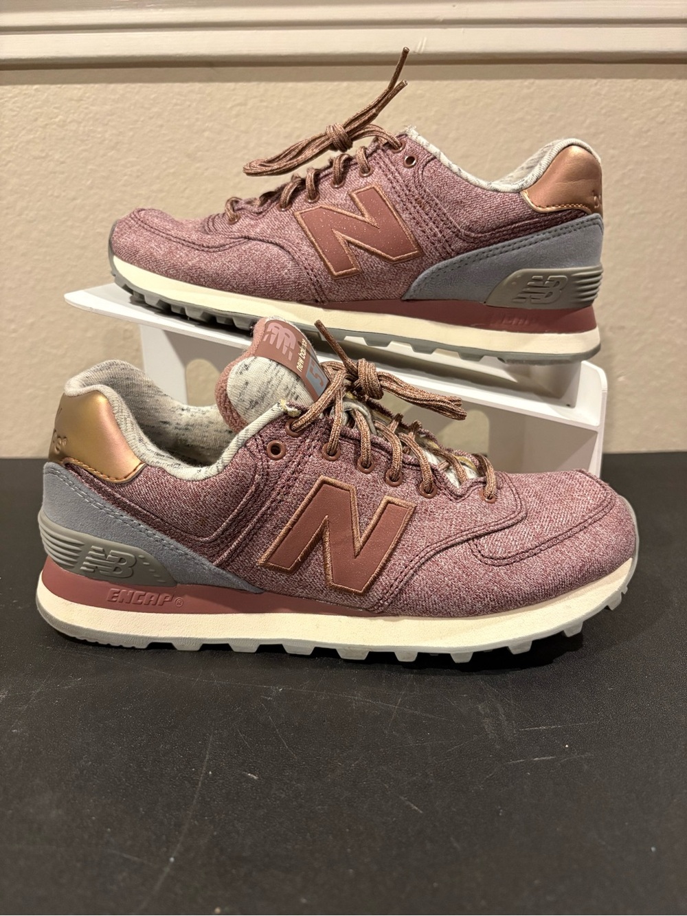New Balance WL574AEB Denim Deep Pink & Gray Shoes Sneakers Women’s Size 5.5